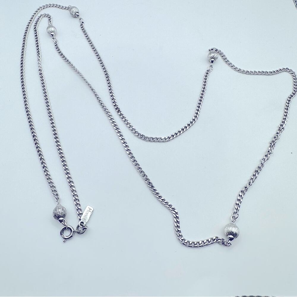 Monet Vintage Necklace Bar Link Chain Textured Balls Silver Tone Long Jewelry